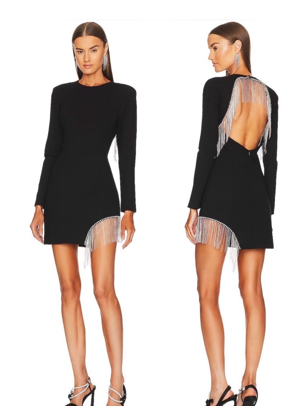 Elliatt Black Long-Sleeve Mini Dress with Silver Fringe and Open Back